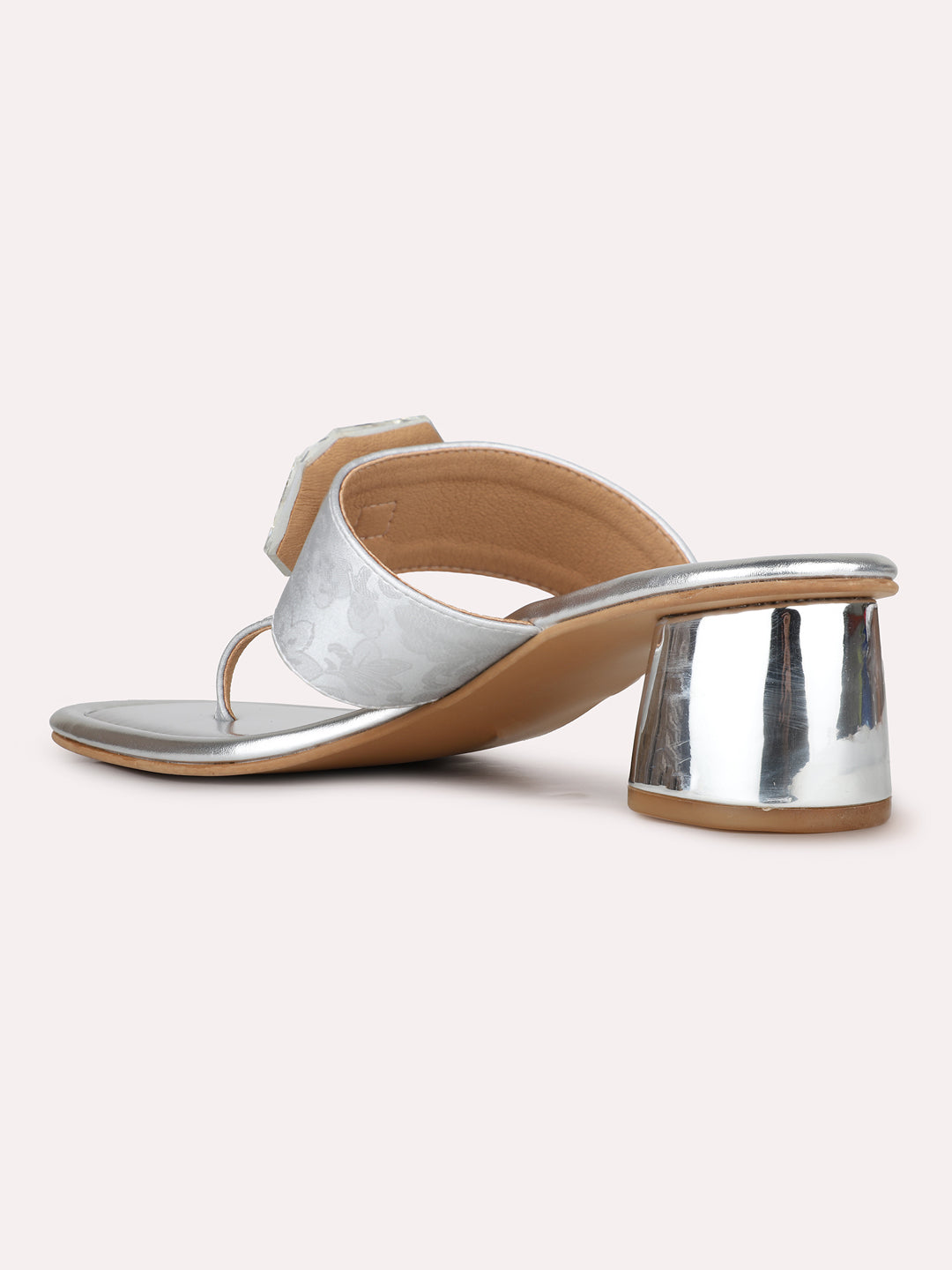 Womens Silver Ethnic Solid Square Toe Block Heel Sandals