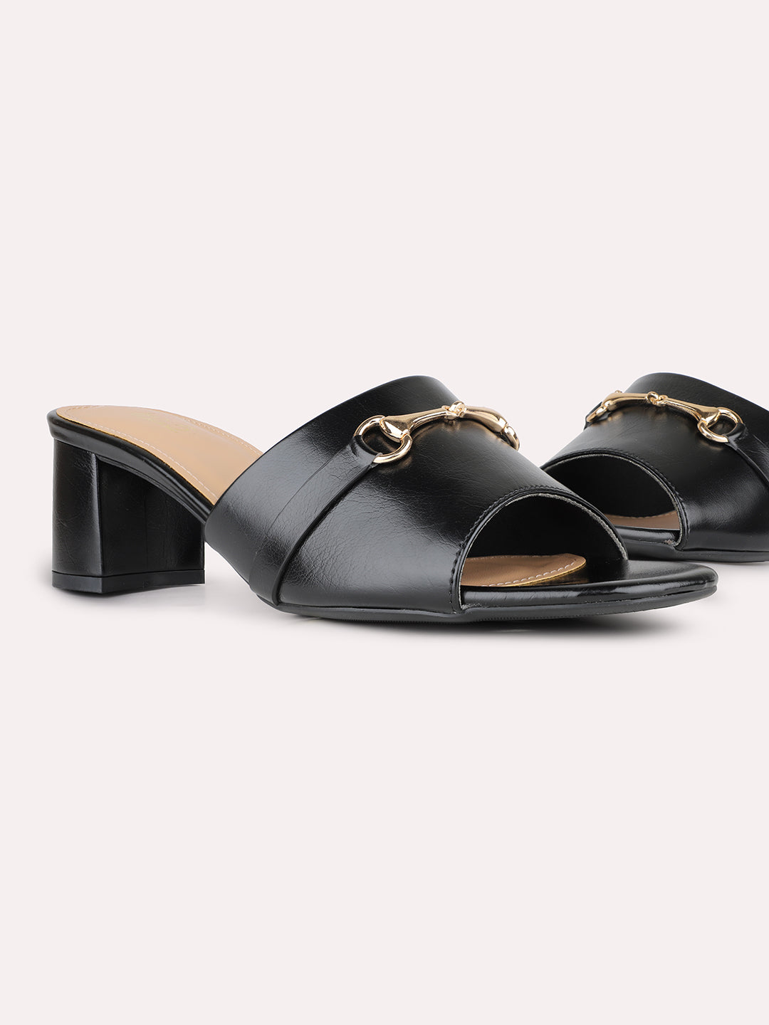 Women Black Party Wear Solid Pattern Square Toe Block Heel Sandals