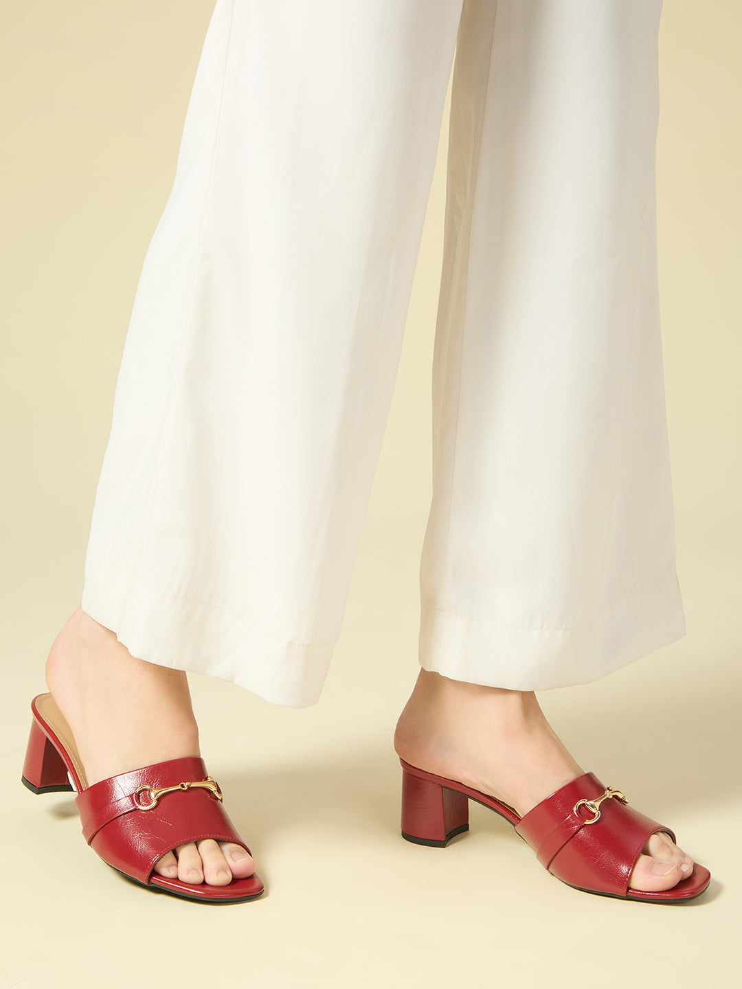 Women Red Party Wear Solid Square Toe Block Heel Sandals