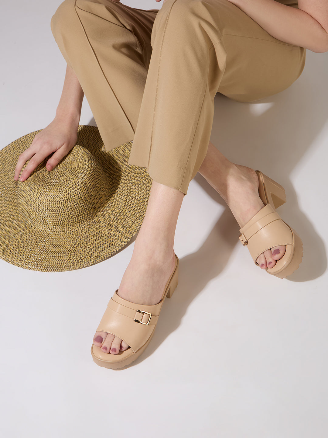 Women Beige Party Wear Solid Pattern Round Toe Block Heels