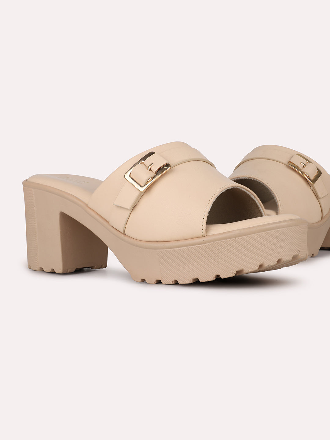 Women Beige Party Wear Solid Pattern Round Toe Block Heels