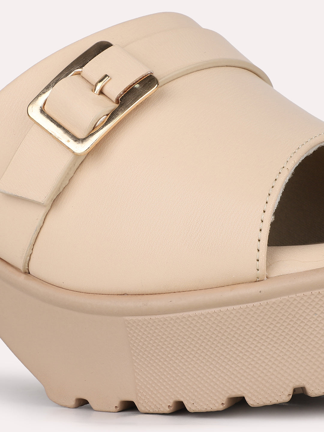 Women Beige Party Wear Solid Pattern Round Toe Block Heels