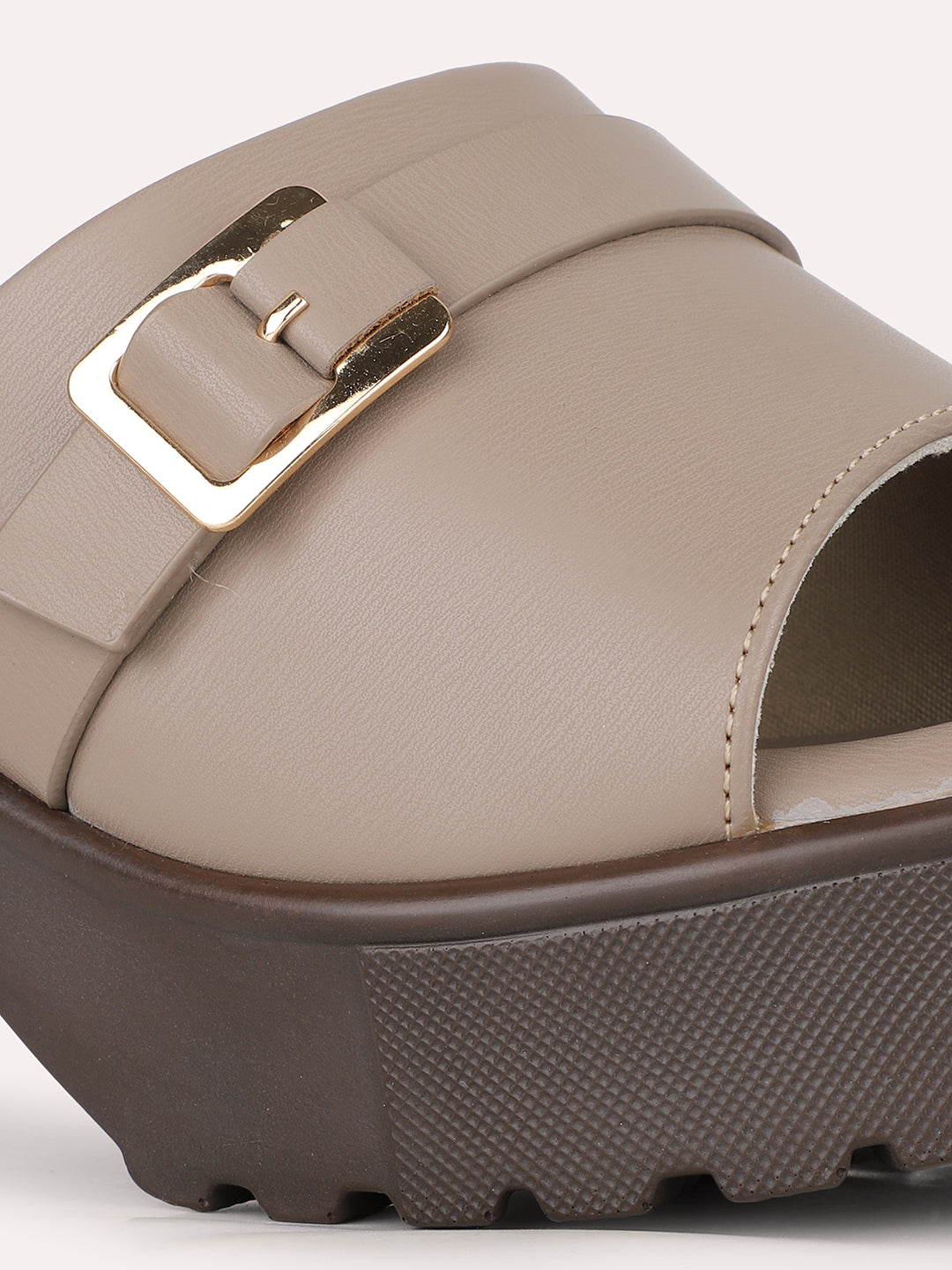 Women Chikoo Party Wear Solid Pattern Round Toe Block Heel Sandals