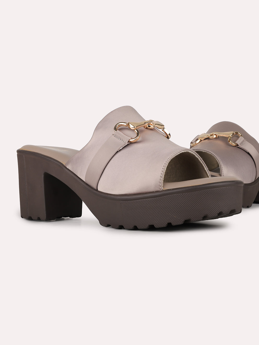 Women Chikoo Party Wear Solid Round Toe Block Heel Sandals