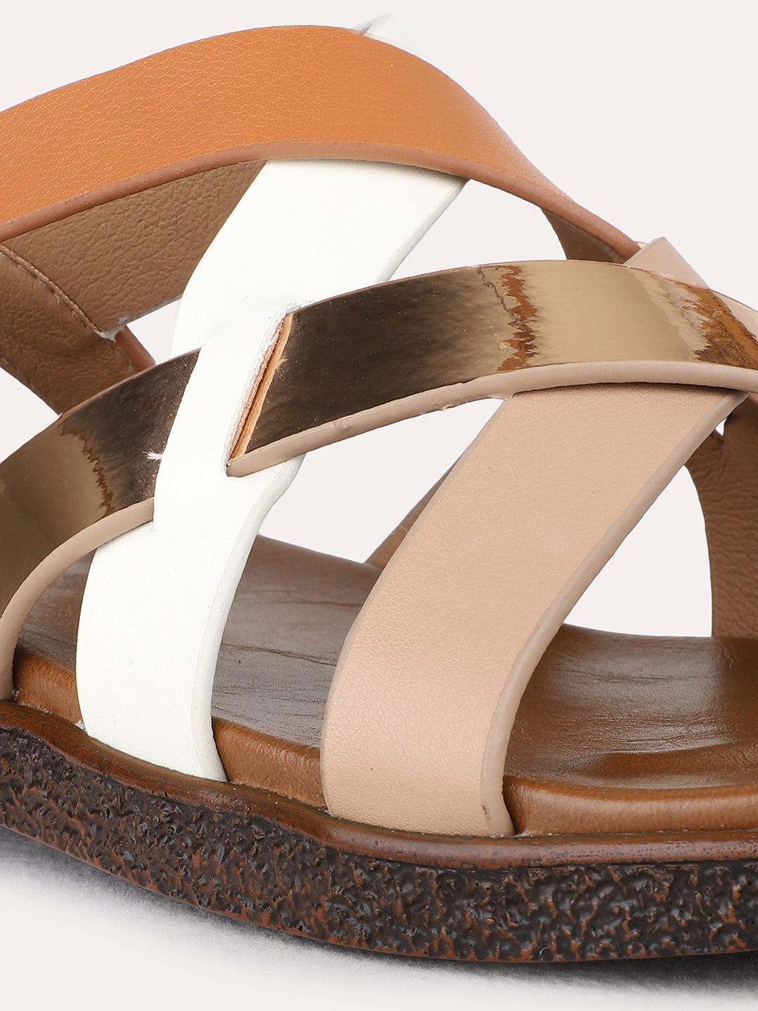 Womens Tan Casual Striped Open Toe Flat Sandals