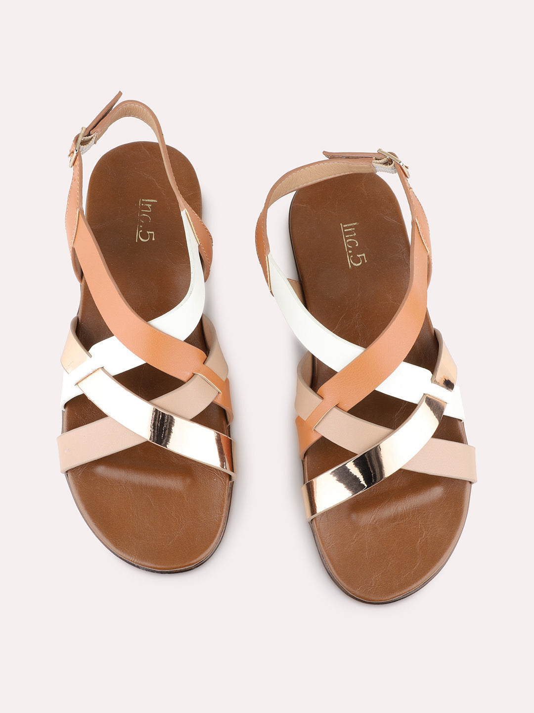 Womens Tan Casual Striped Open Toe Flat Sandals