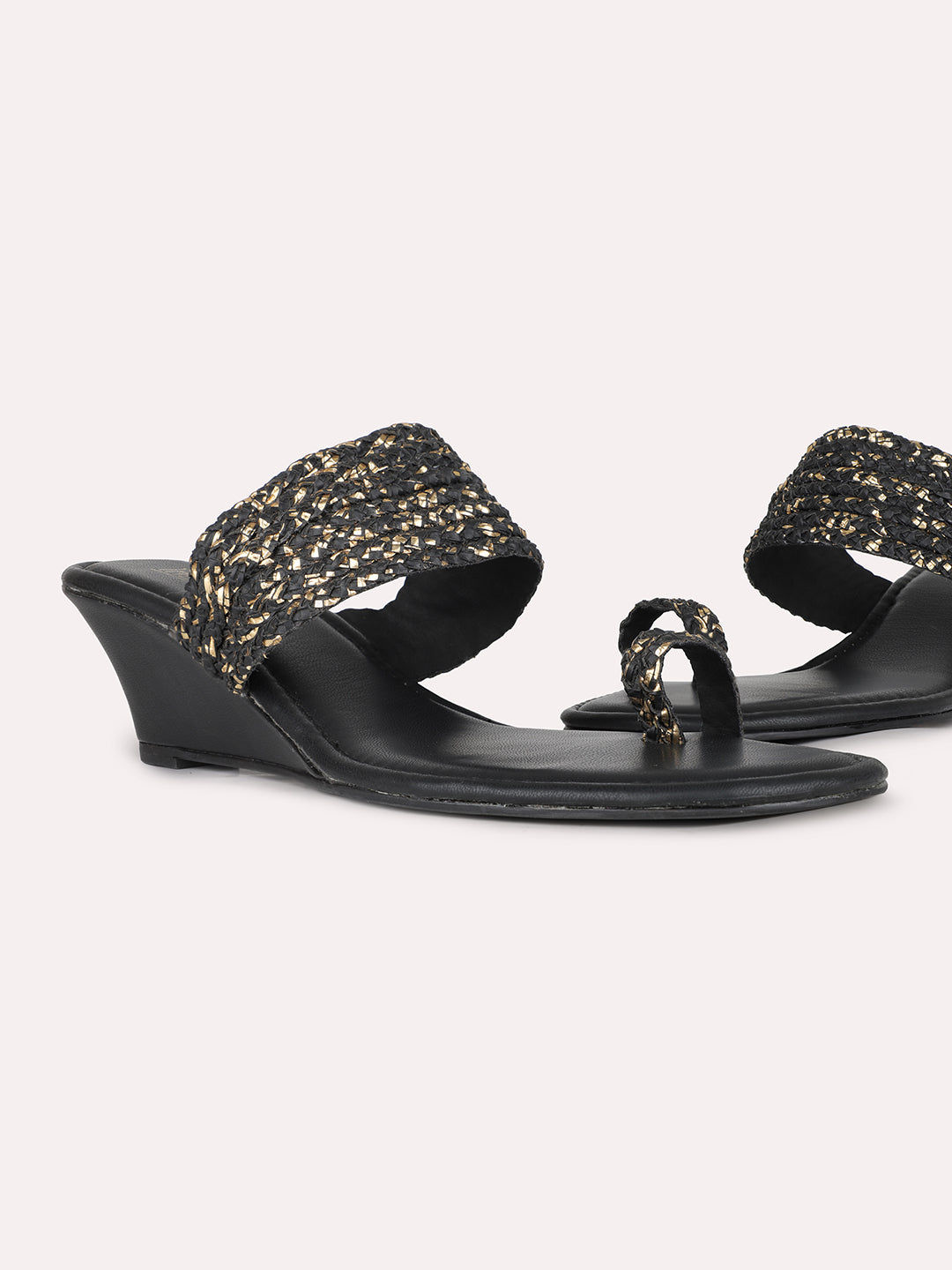 Women Black Ethnic Solid Square Toe Wedge Heel Sandals