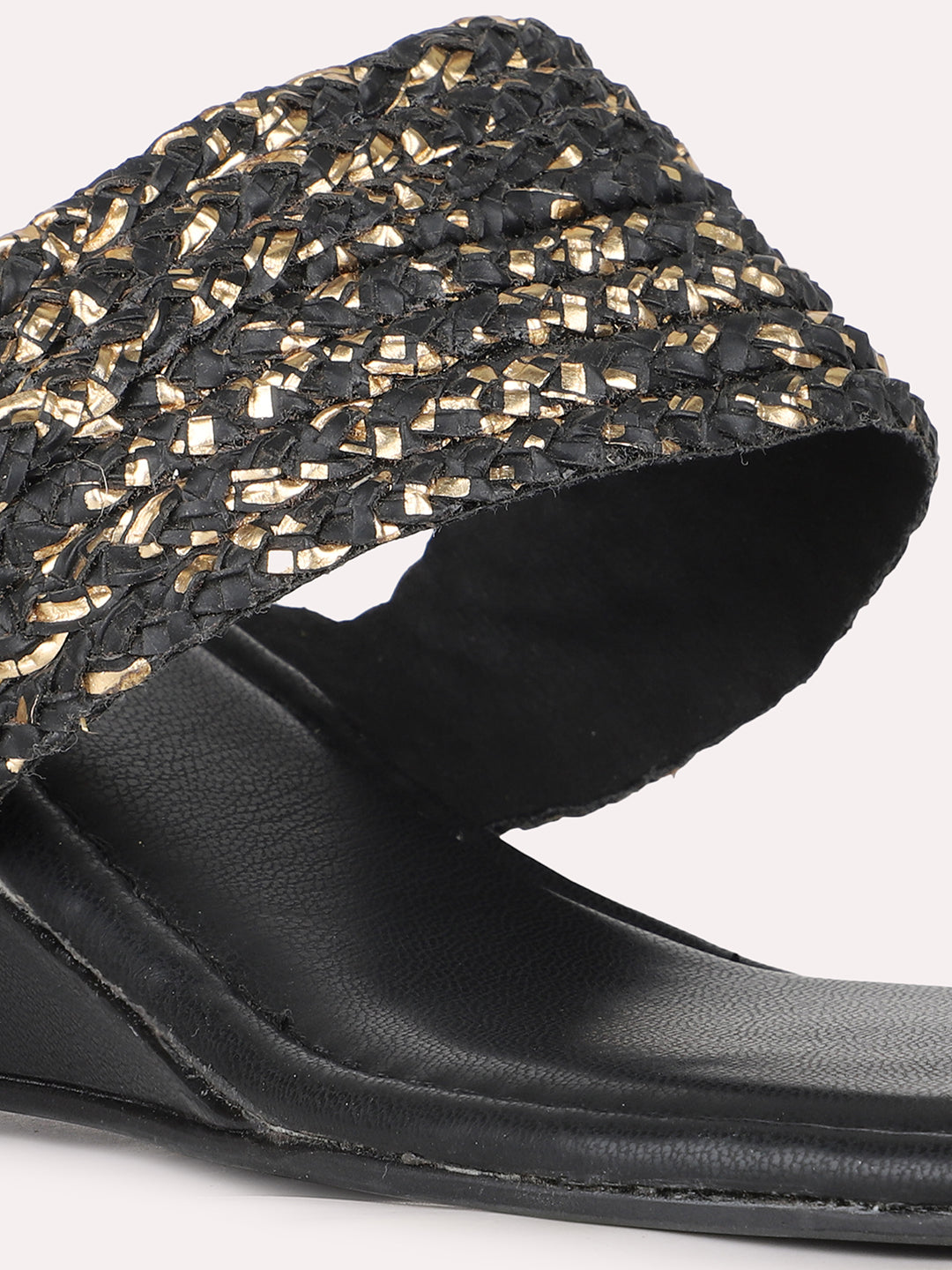 Women Black Ethnic Solid Square Toe Wedge Heel Sandals