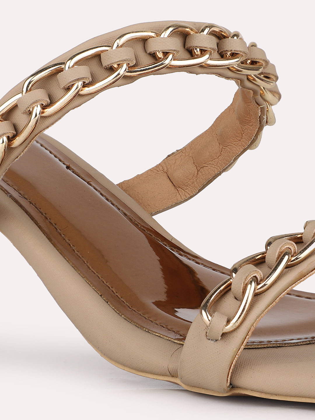 Women Beige Ethnic Embellished Square Toe Kitten Heel Sandals