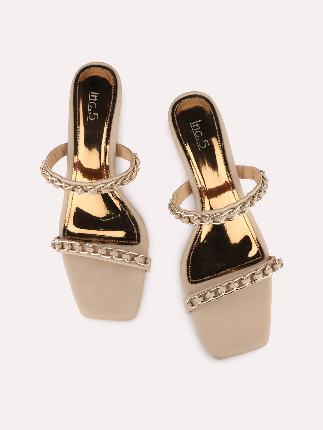 Women Beige Ethnic Embellished Square Toe Kitten Heel Sandals