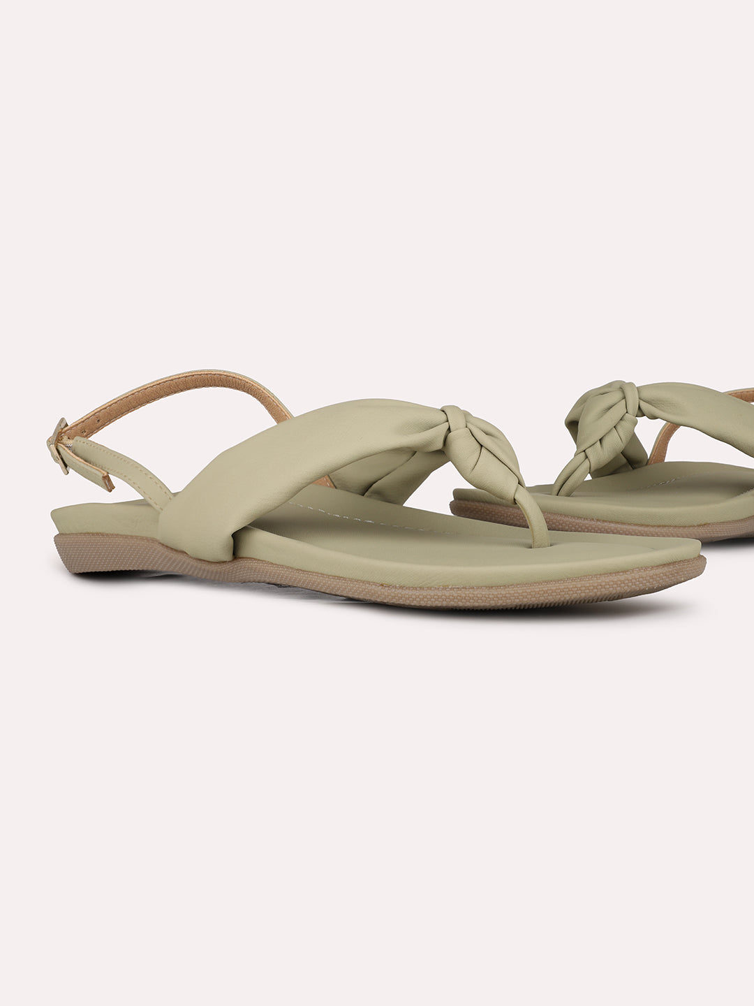 Women Green Ethnic Solid T-Strap Flats Slip-On Sandals