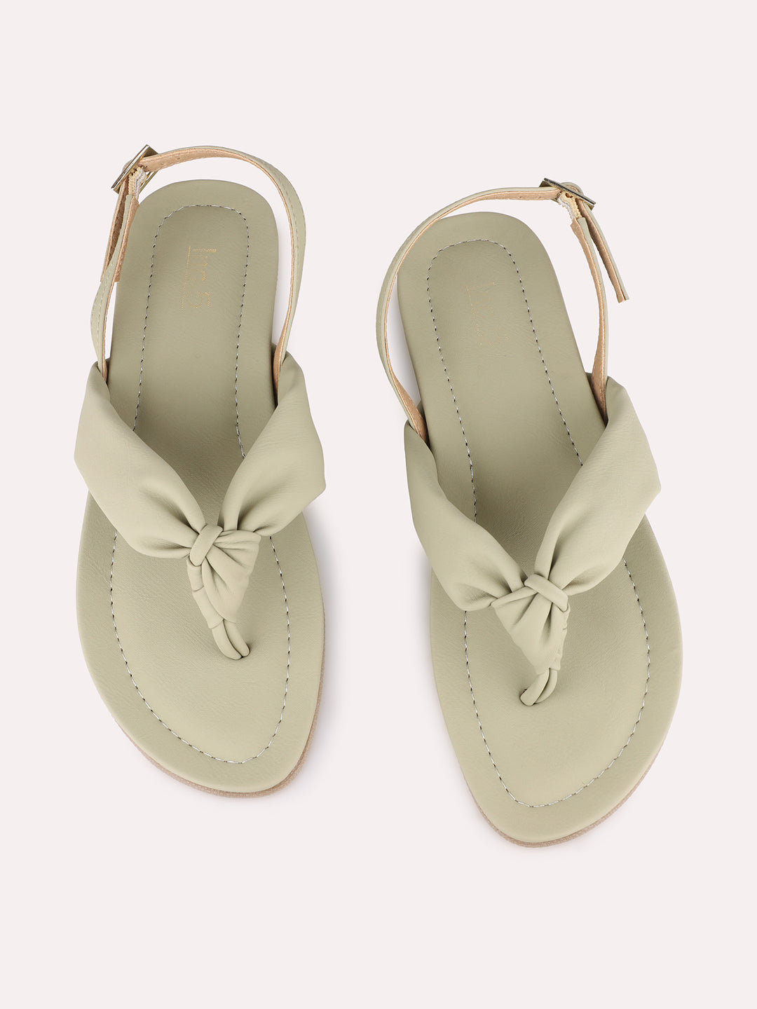 Women Green Ethnic Solid T-Strap Flats Slip-On Sandals