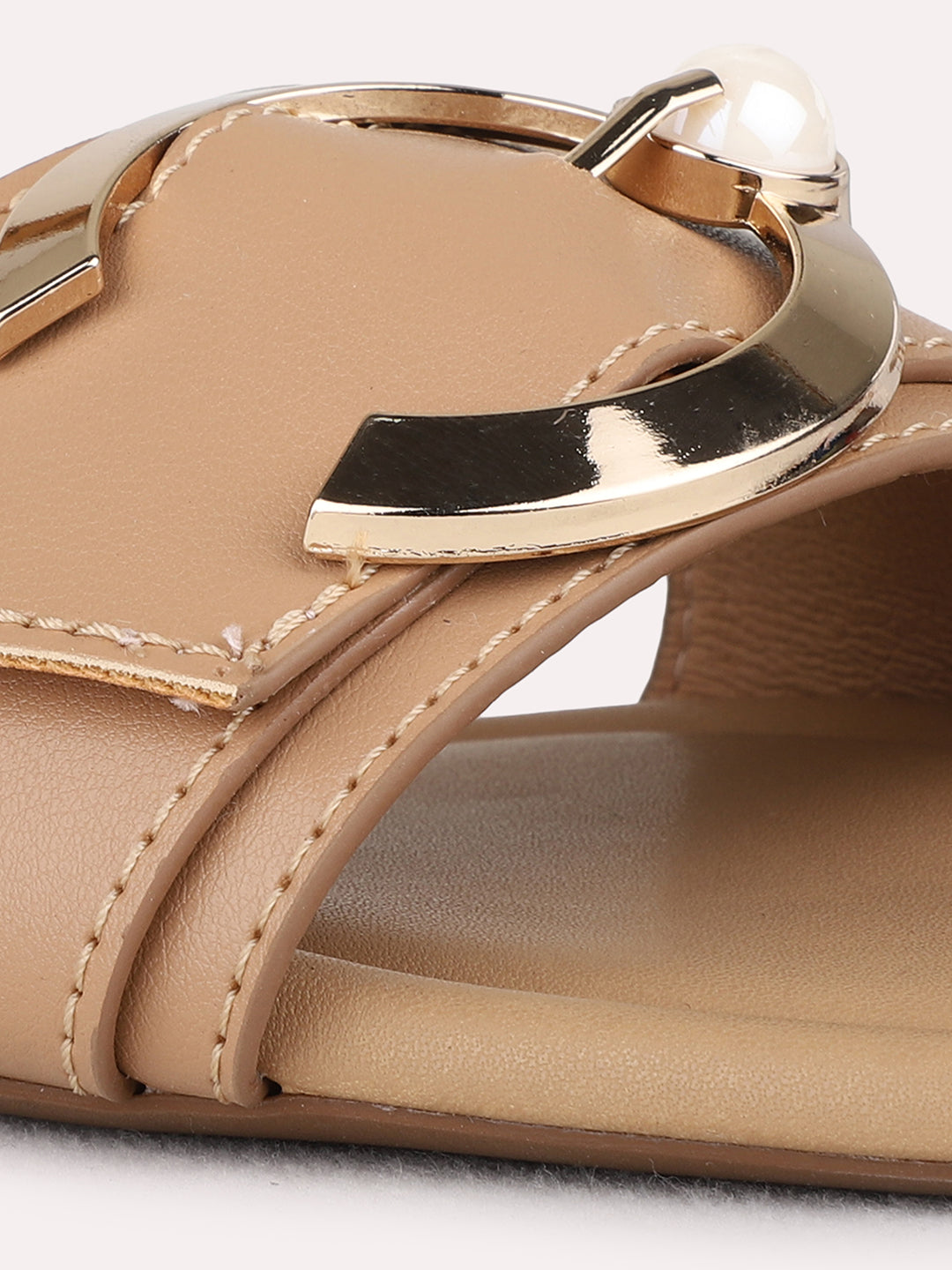 Womens Beige Casual Solid Open Toe Flat Slip On Sandals