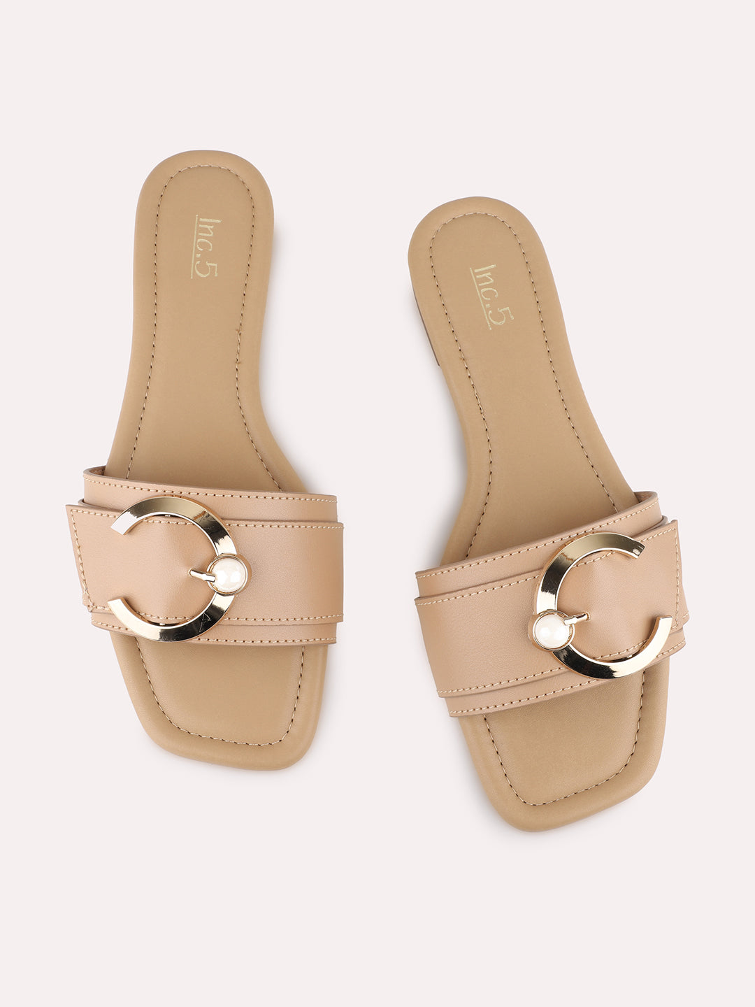 Womens Beige Casual Solid Open Toe Flat Slip On Sandals