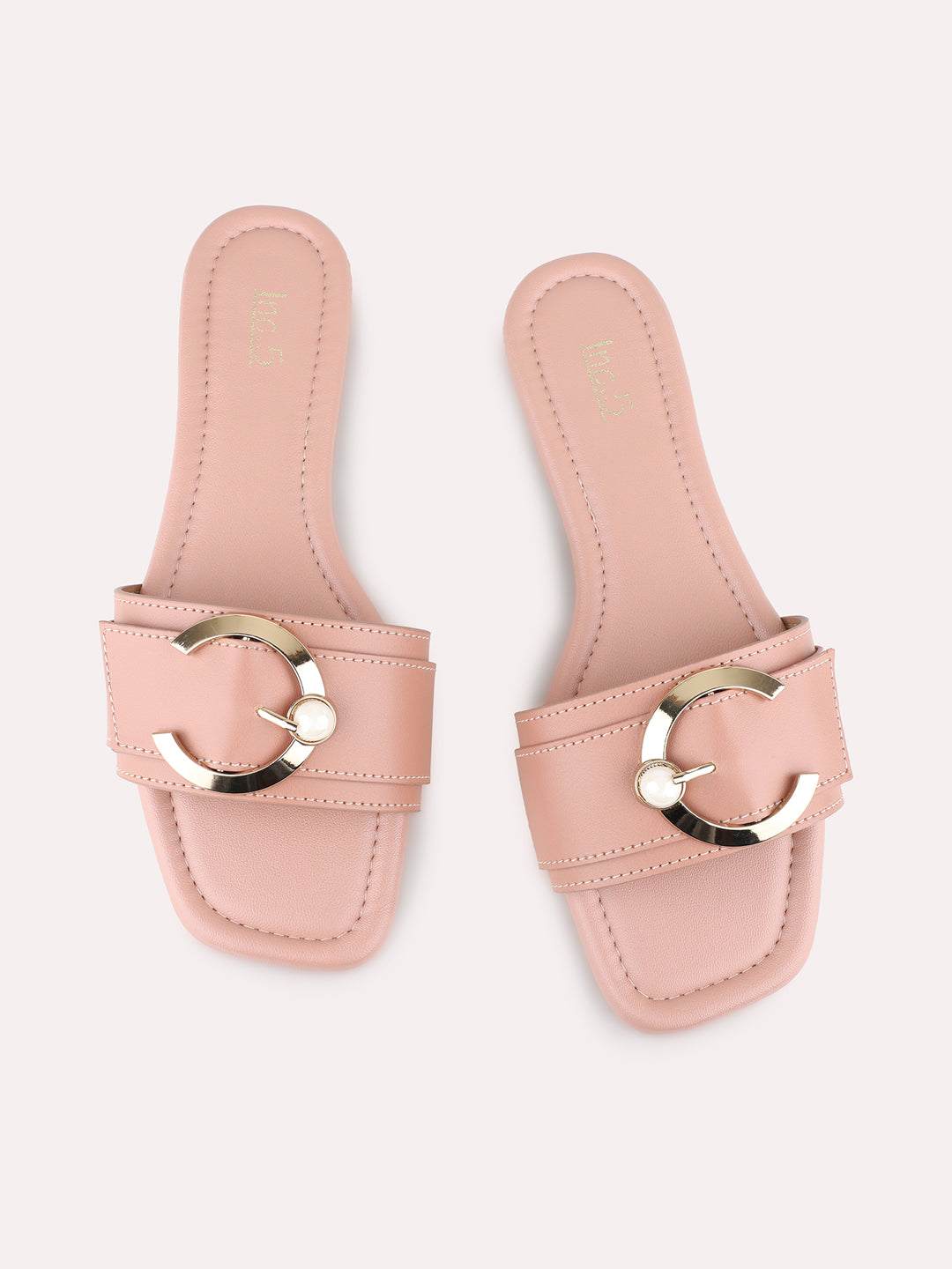 Womens Peach Casual Solid Open Toe Flat Slip On Sandals