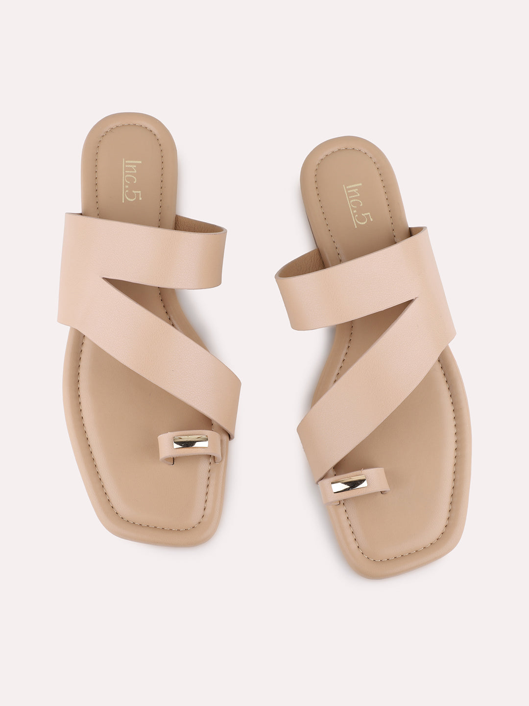 Womens Beige Casual Solid Pattern T-Strap Flats