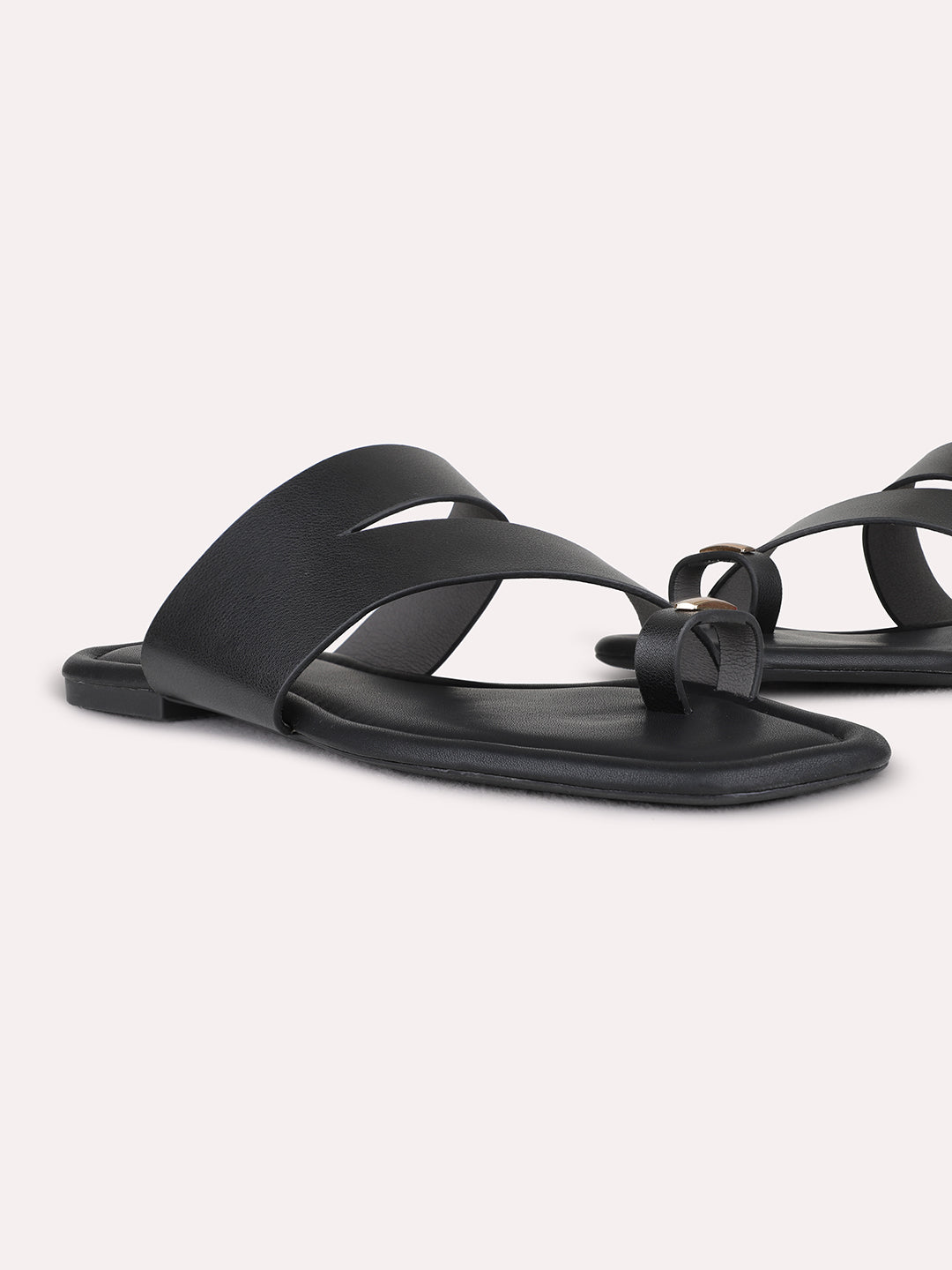 Womens Black Casual T-Strap Flat Sandals