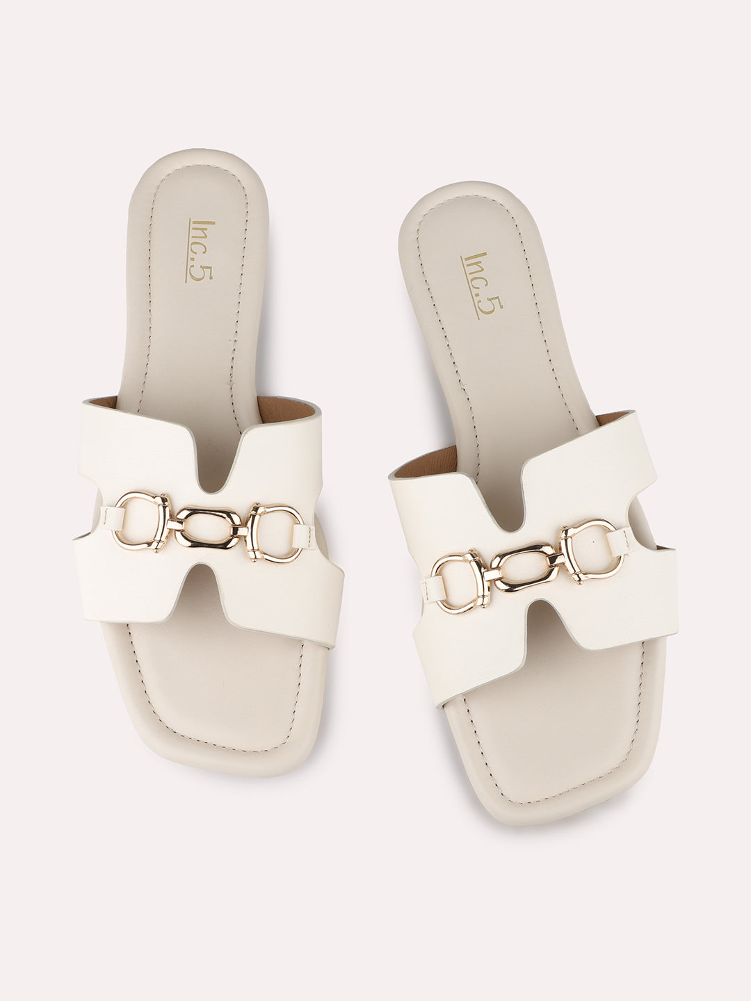 Women Cream Casual Solid Open Toe Slip-On Flat Sandals