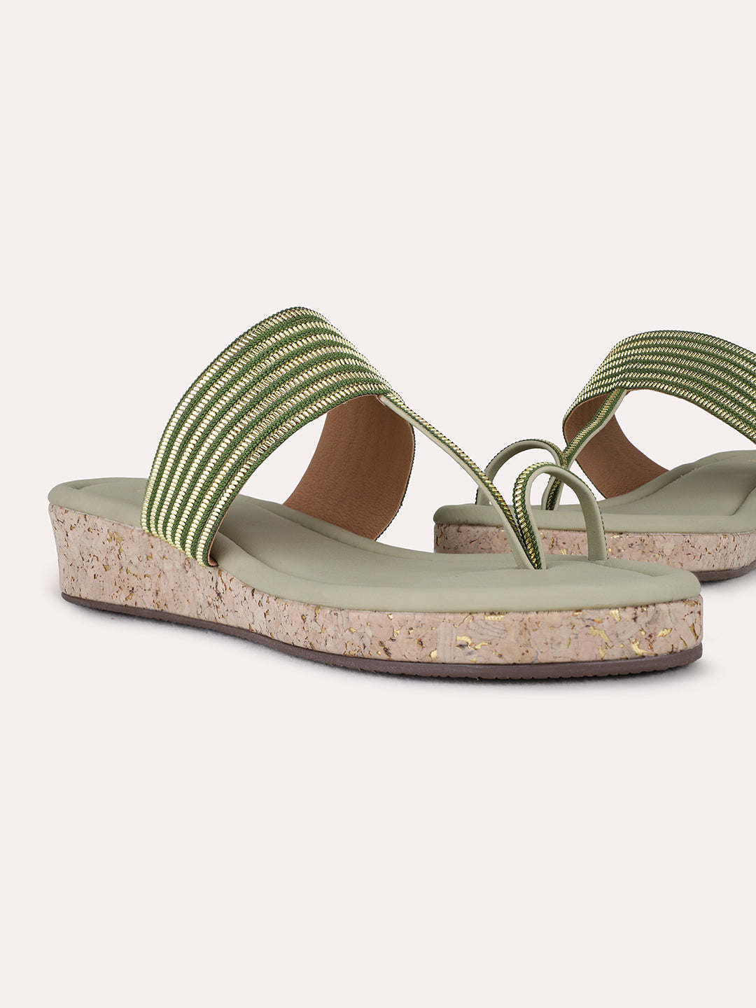 Womens Green Ethnic Embellished Wedge Heel Sandals