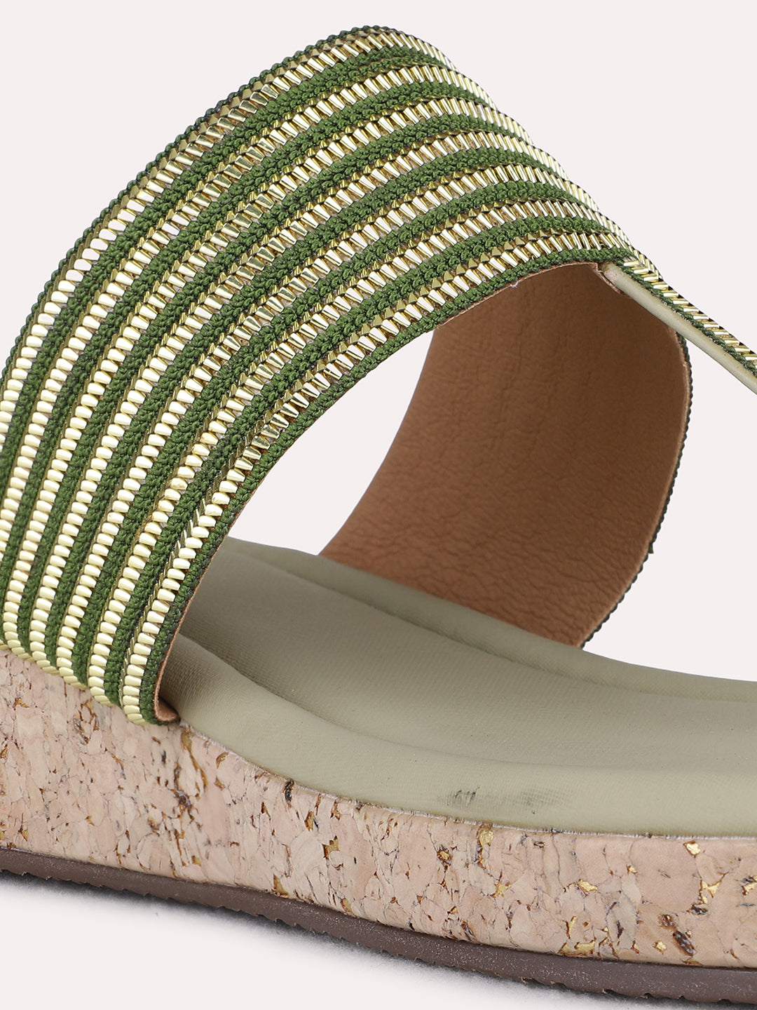 Womens Green Ethnic Embellished Wedge Heel Sandals