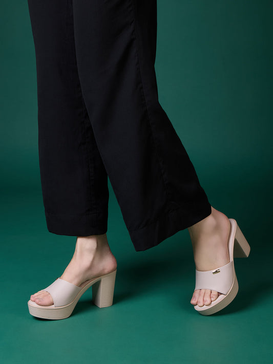 Womens Cream Party Wear Solid Round Toe Platform Heels