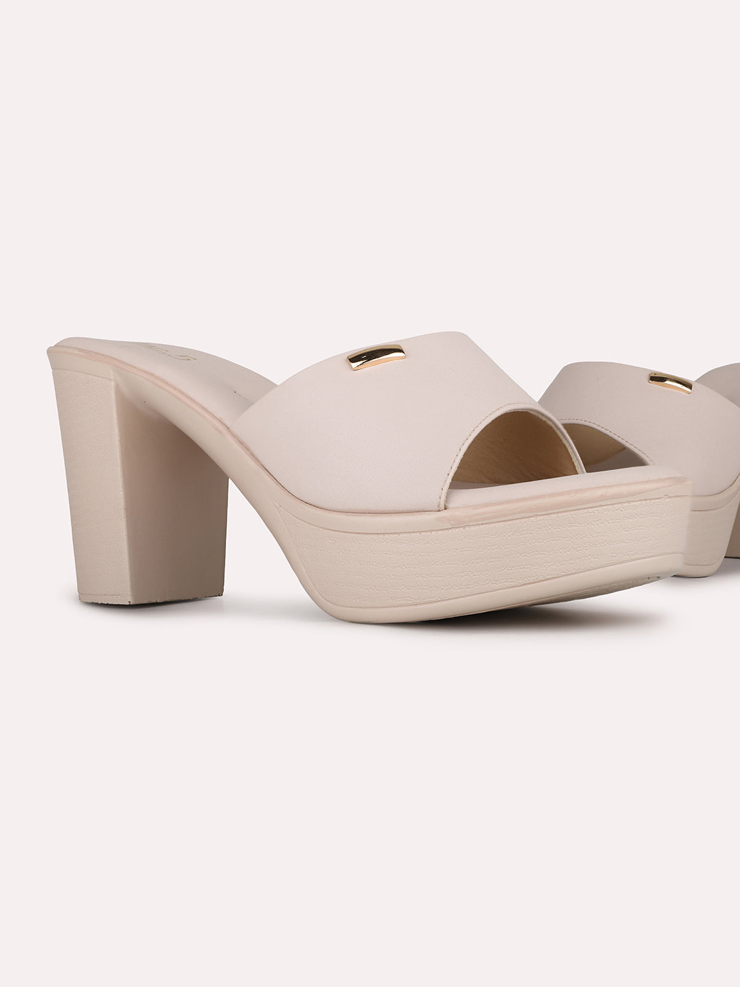 Womens Cream Party Wear Solid Round Toe Platform Heel Sandals