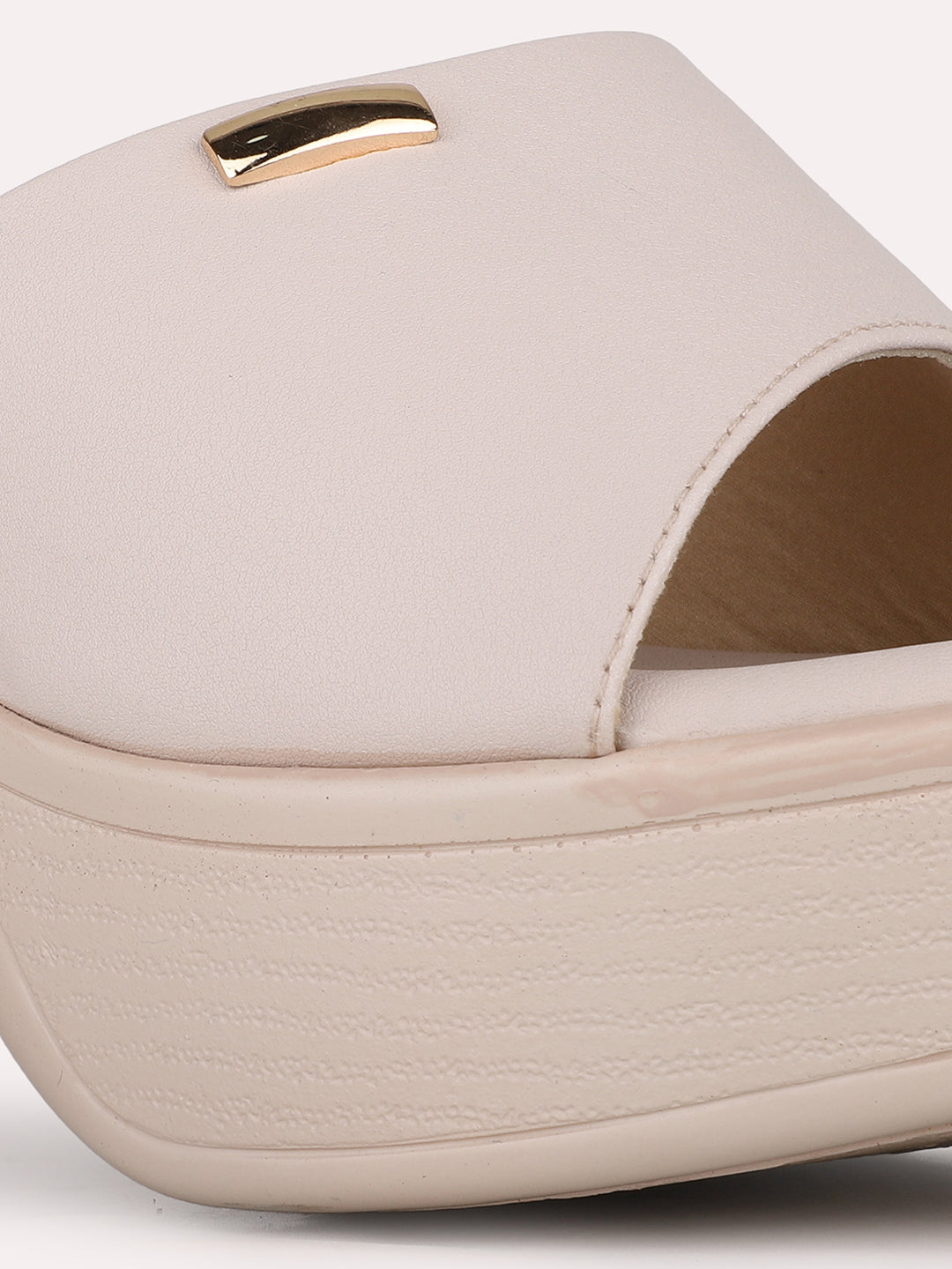 Womens Cream Party Wear Solid Round Toe Platform Heels