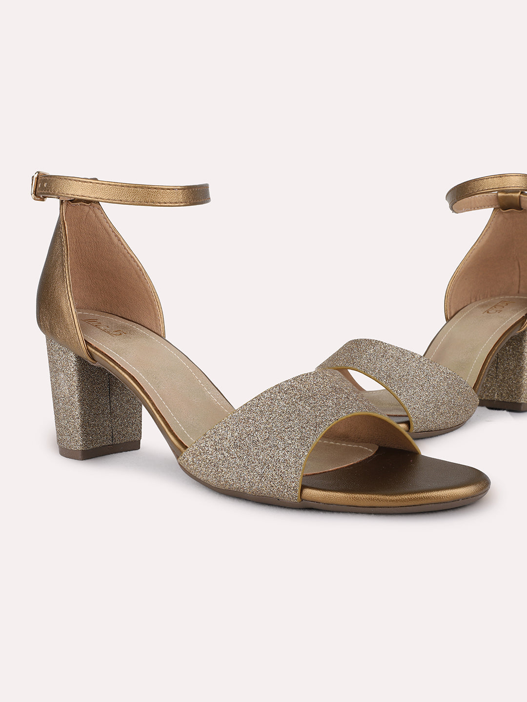 Womens Golden Party Wear Solid Round Toe Block Heel Sandals