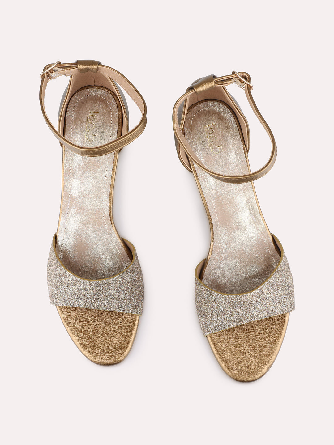 Womens Golden Party Wear Solid Round Toe Block Heel Sandals