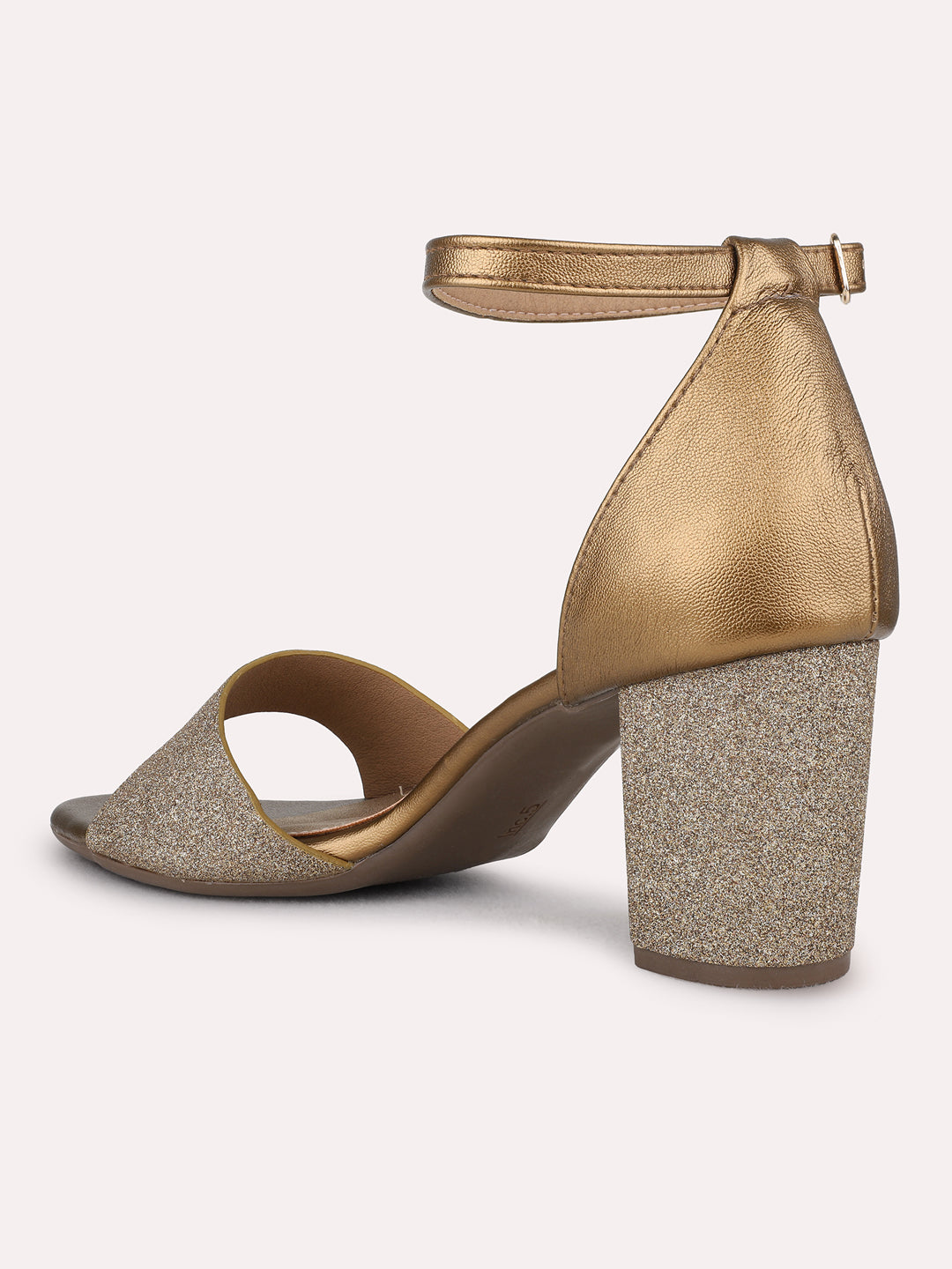 Womens Golden Party Wear Solid Round Toe Block Heel Sandals