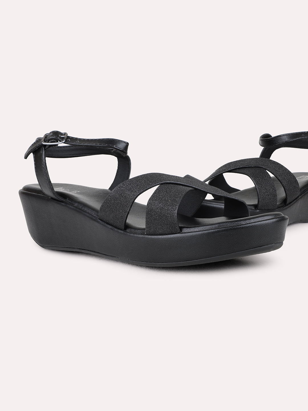 Womens Black Casual Solid Round Toe Wedge Sandals