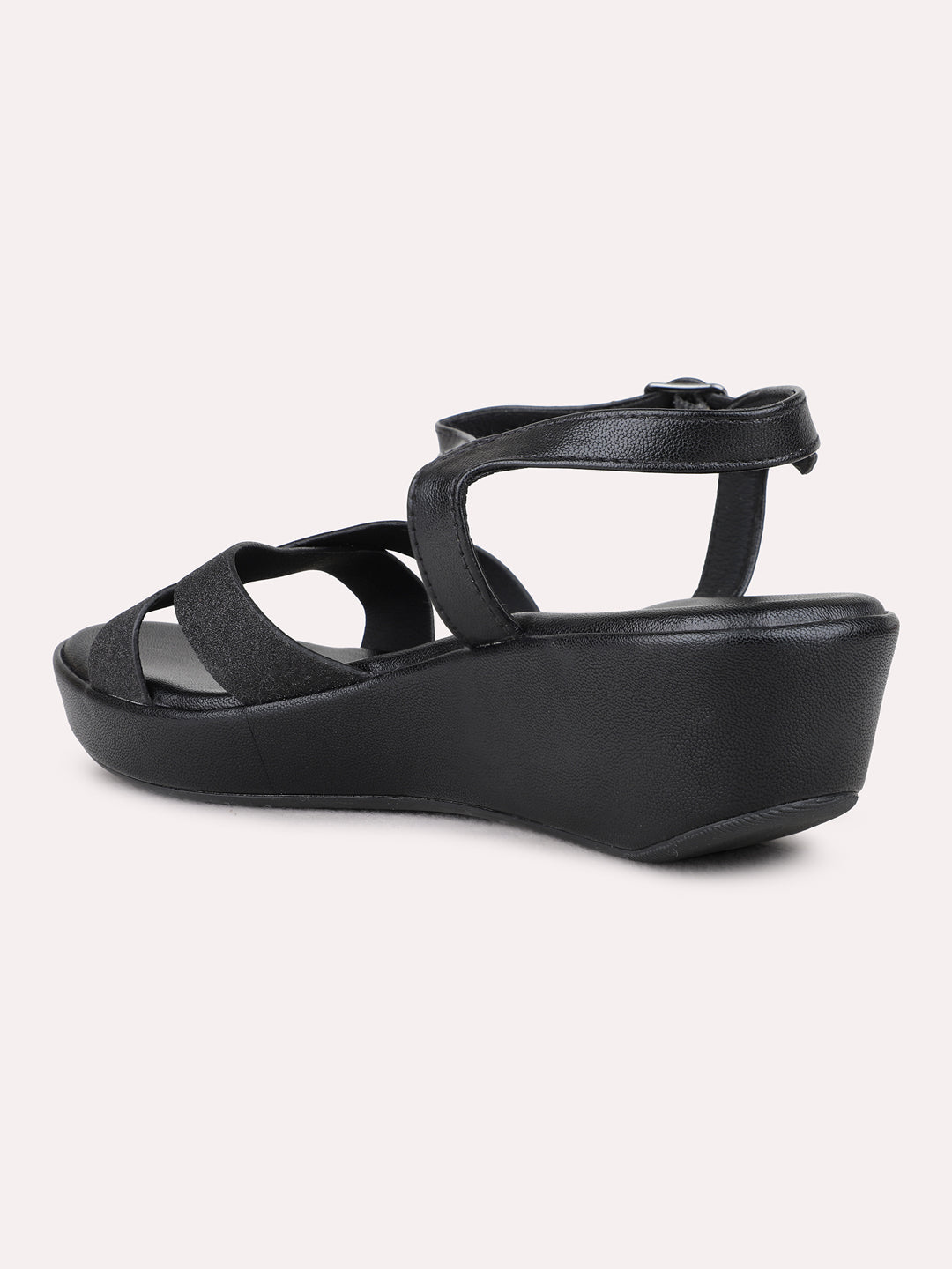 Womens Black Casual Solid Round Toe Wedge Sandals