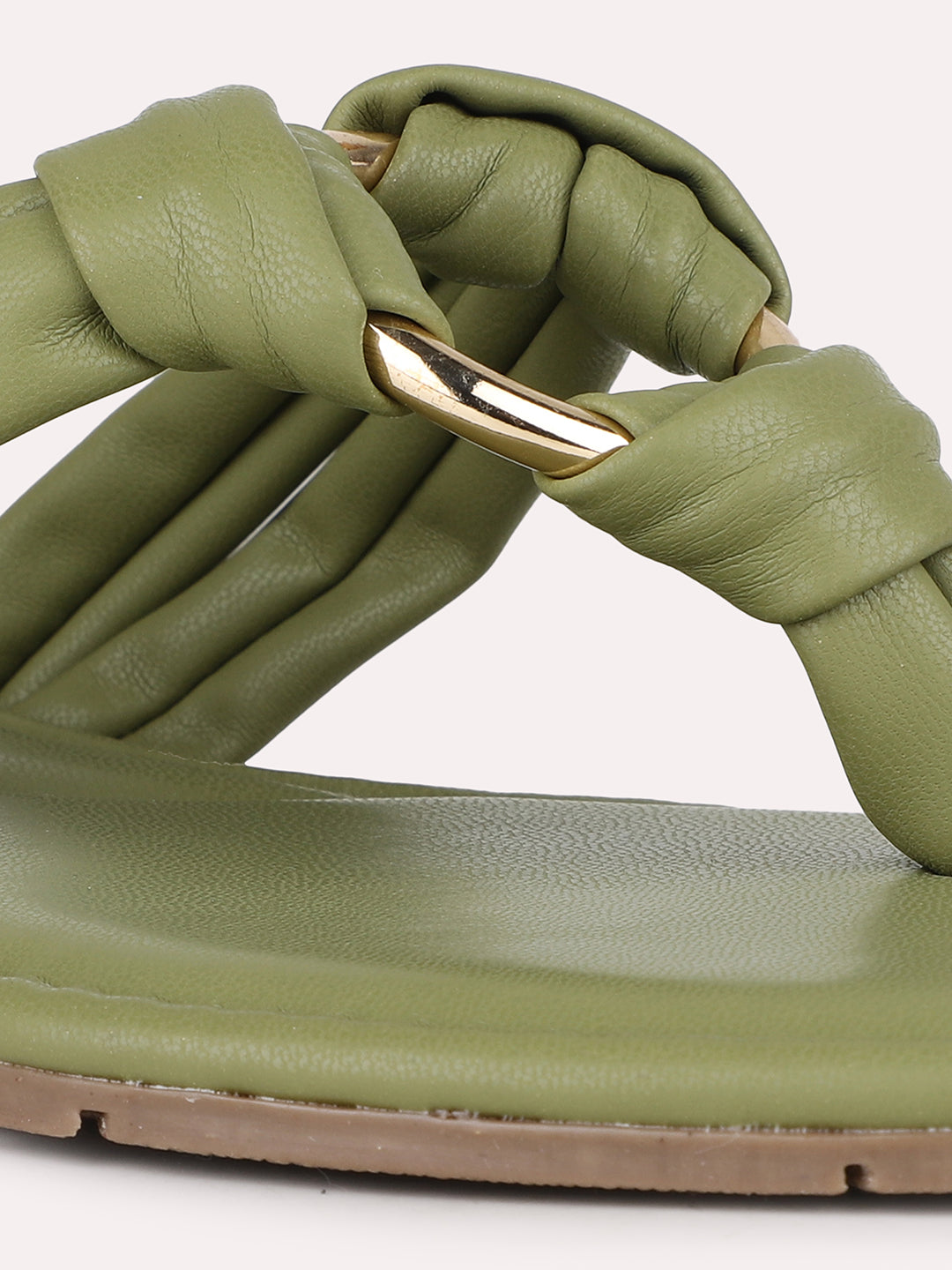 Women Green Casual Solid Square Toe T-Strap Slip-On Flats