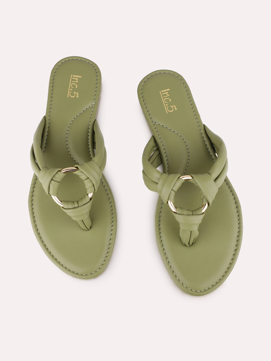 Women Green Casual Solid Square Toe T-Strap Slip-On Flats