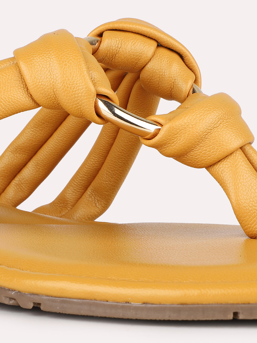 Women Mustard Casual Solid Square Toe T-Strap Slip-On Flats