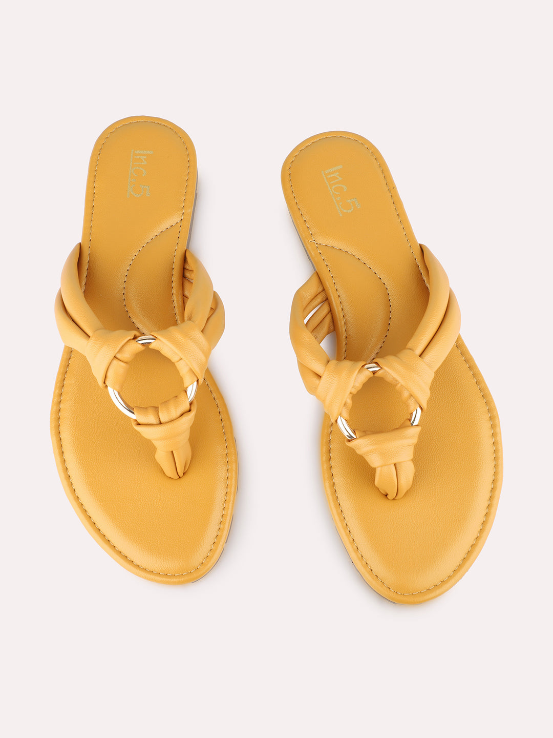 Women Mustard Casual Solid Square Toe T-Strap Slip-On Flats