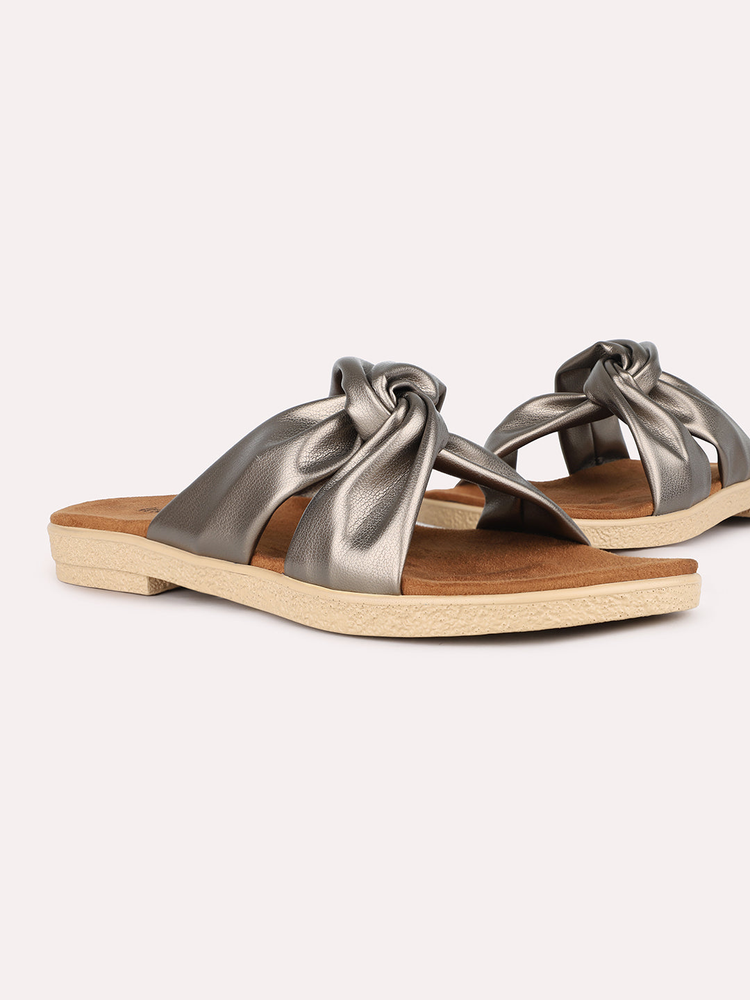 Women Pewter Party Wear Solid Open Toe Flats Slip-On Sandals