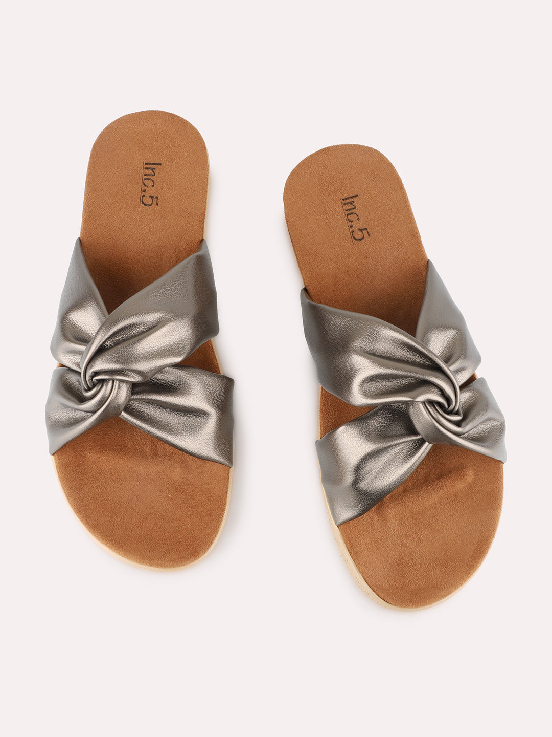 Women Pewter Party Wear Solid Open Toe Flats Slip-On Sandals