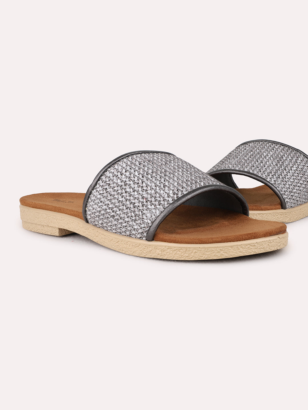 Womens Grey Casual Embellished Open Toe Flat Sandals