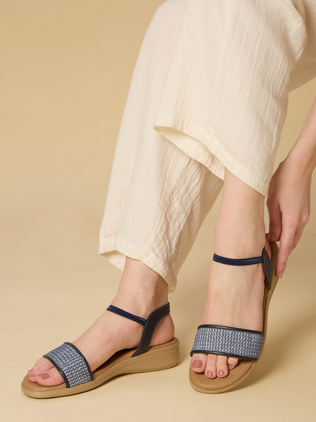 Womens Blue Ethnic Embellished Open Toe Flat Sandals