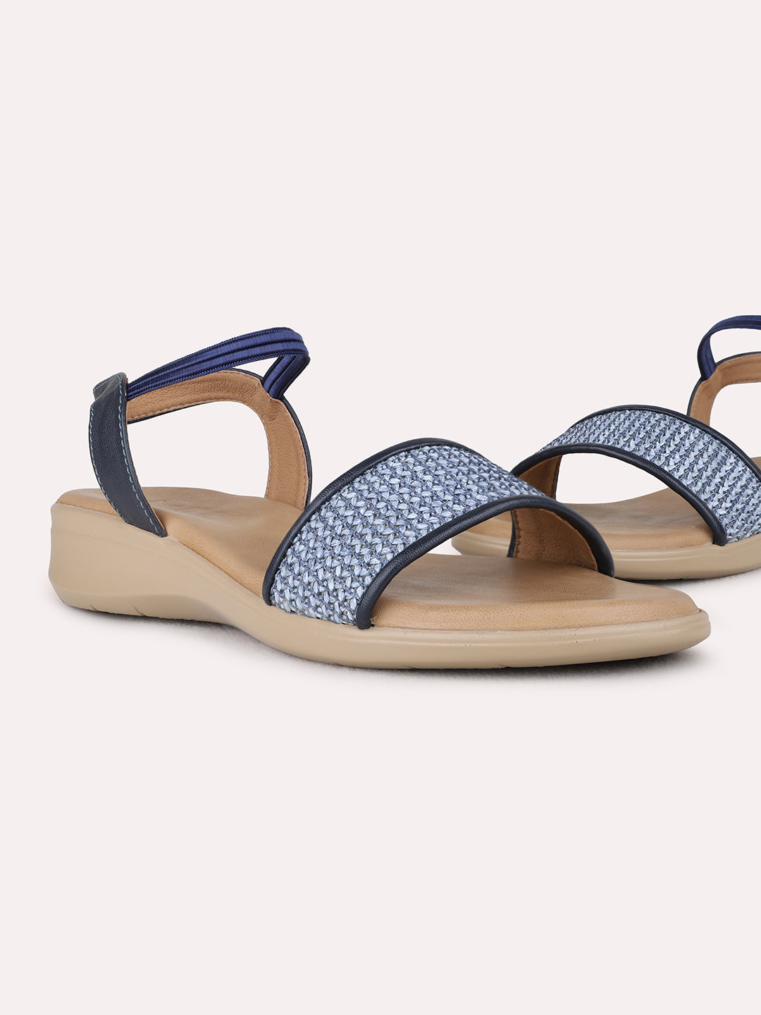 Womens Blue Ethnic Embellished Open Toe Flat Sandals