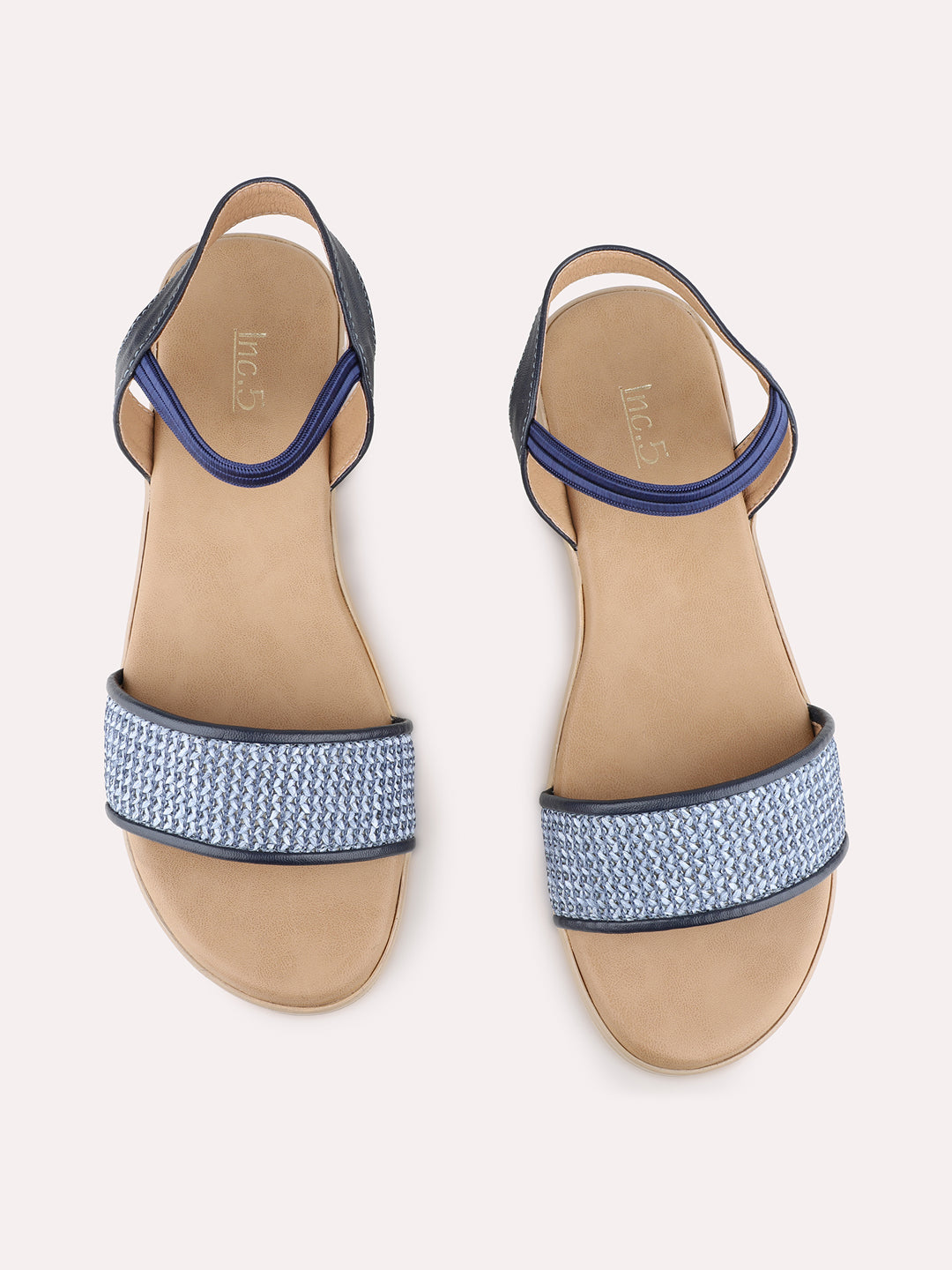 Womens Blue Ethnic Embellished Open Toe Flat Sandals