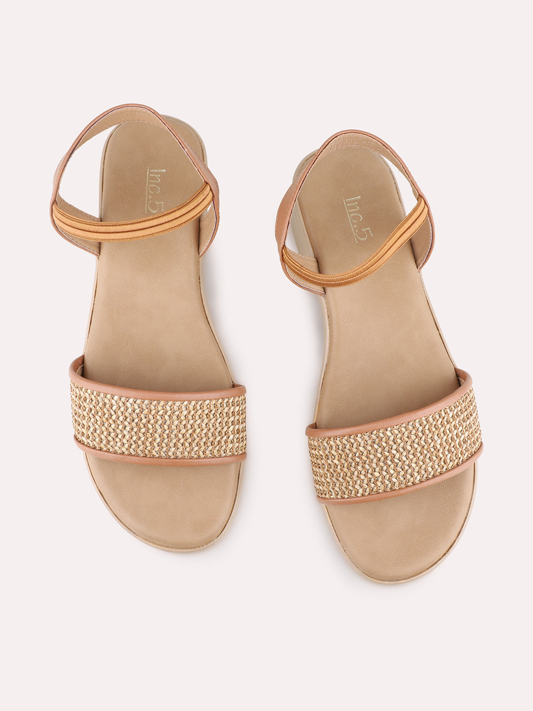 Womens Tan Ethnic Embellished Open Toe Flat Sandals