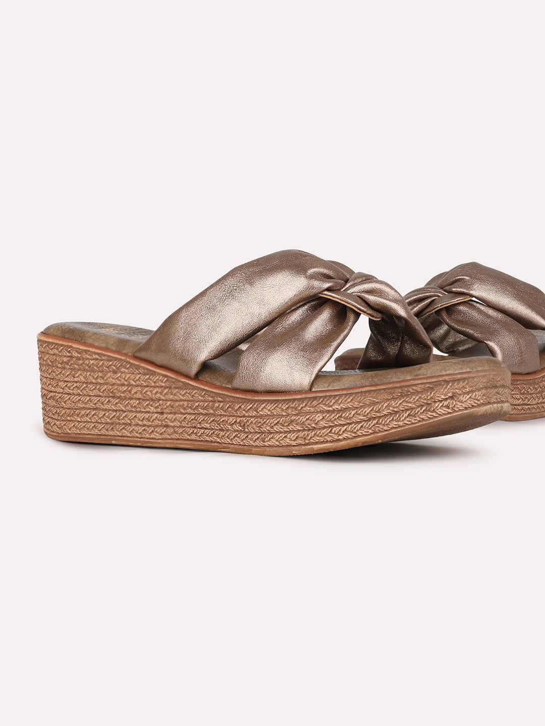 Women Golden Party Wear Solid Round Toe Wedge Heel Sandals