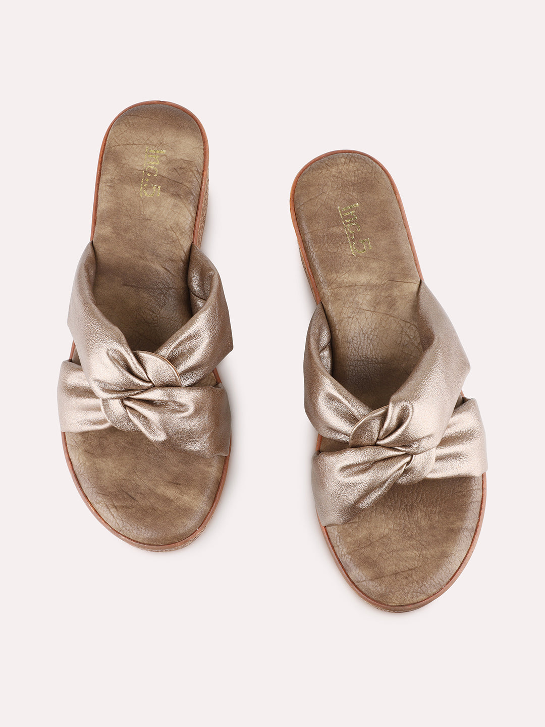 Women Golden Party Wear Solid Round Toe Wedge Heel Sandals