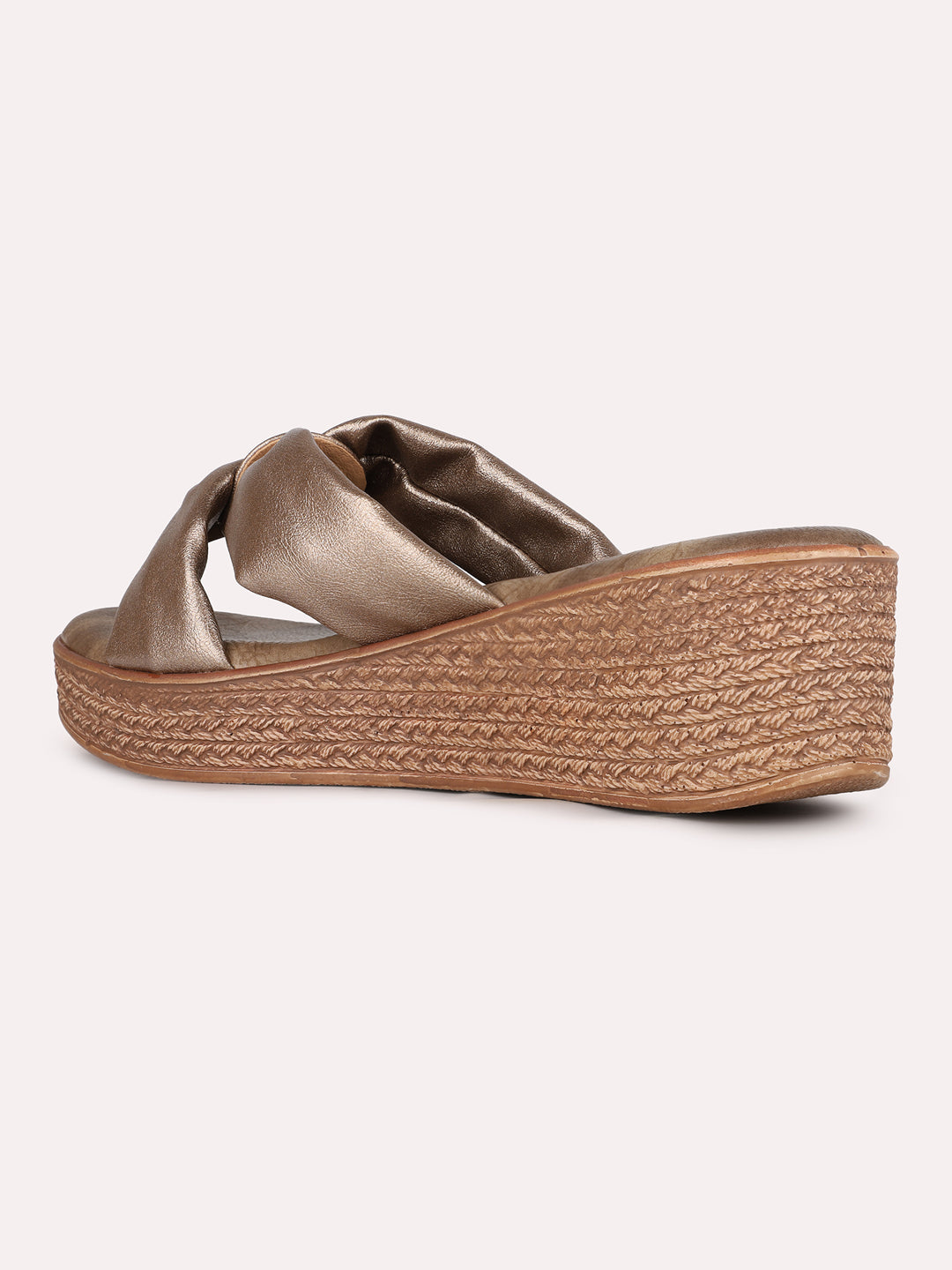 Women Golden Party Wear Solid Round Toe Wedge Heel Sandals