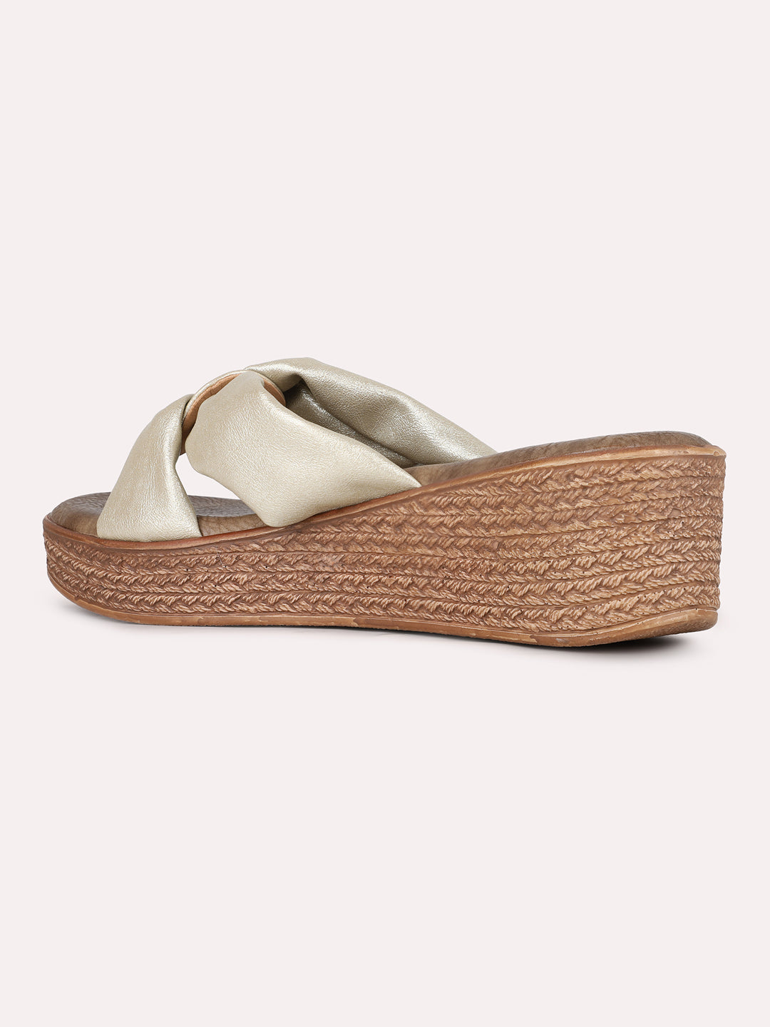 Women Golden Party Wear Solid Round Toe Wedges Sandals