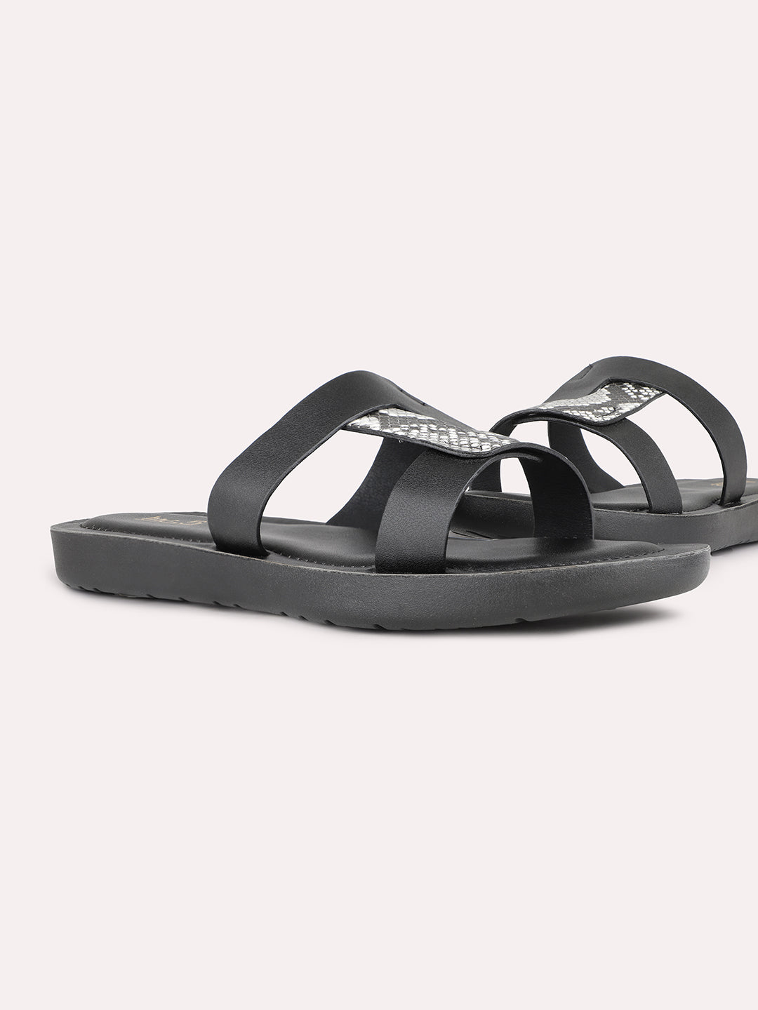 Women Black Casual Solid Open Toe Flats Slip-On Sandals
