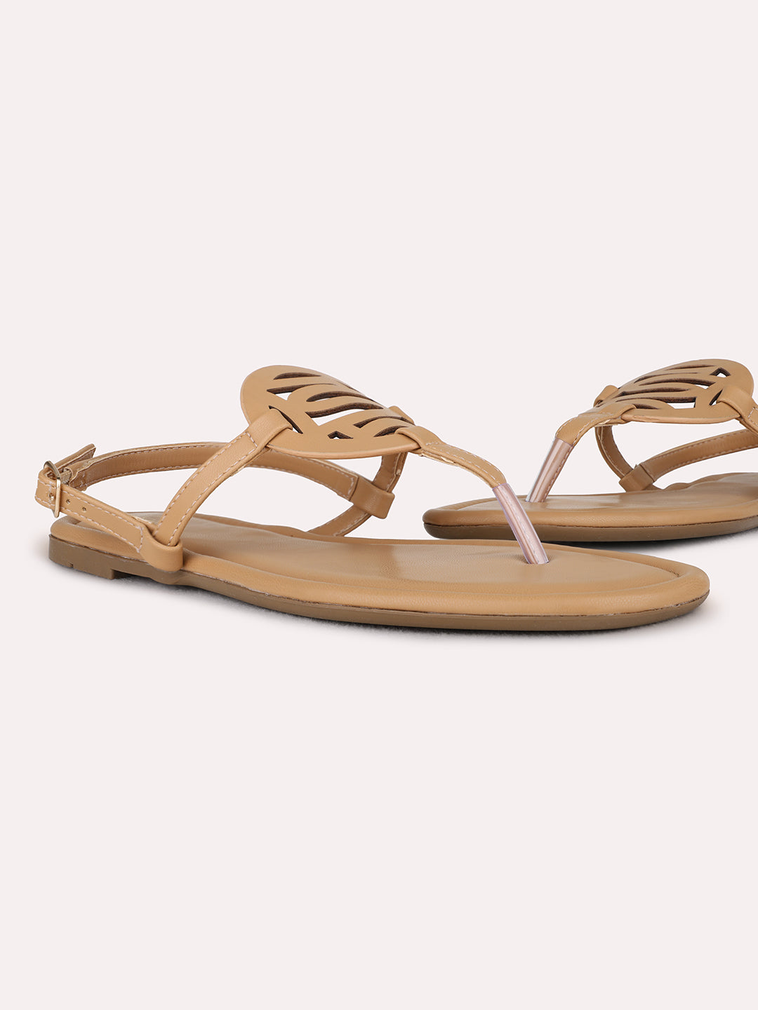 Womens Beige Casual Striped T-Strap Flat Sandals