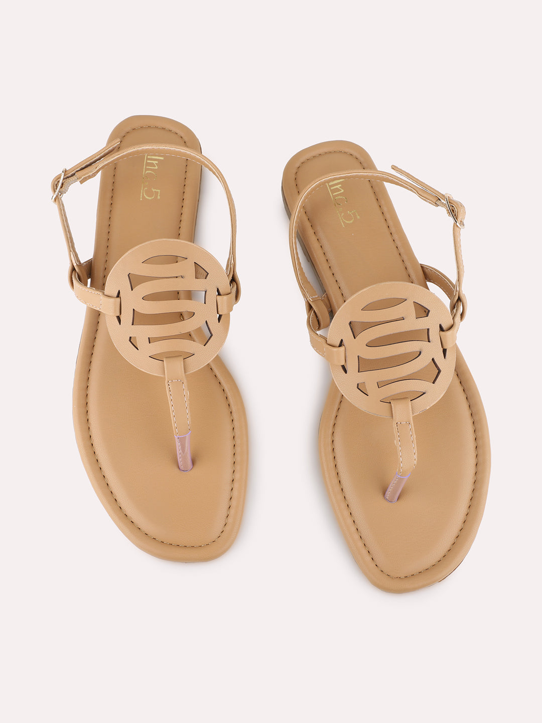 Womens Beige Casual Striped T-Strap Flat Sandals